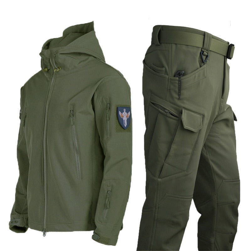 Outdoor Sharkskin Soft Shell Rushing Suit Men's Spring And Winter Military Fans Windproof Breathable Plus Down Hiking Clothes Jacket