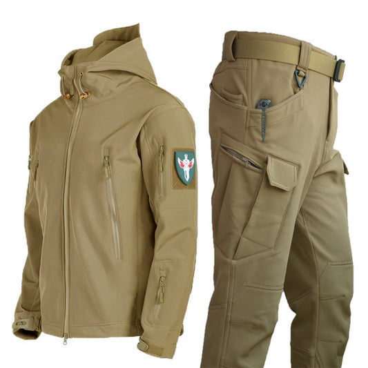 Outdoor Sharkskin Soft Shell Rushing Suit Men's Spring And Winter Military Fans Windproof Breathable Plus Down Hiking Clothes Jacket